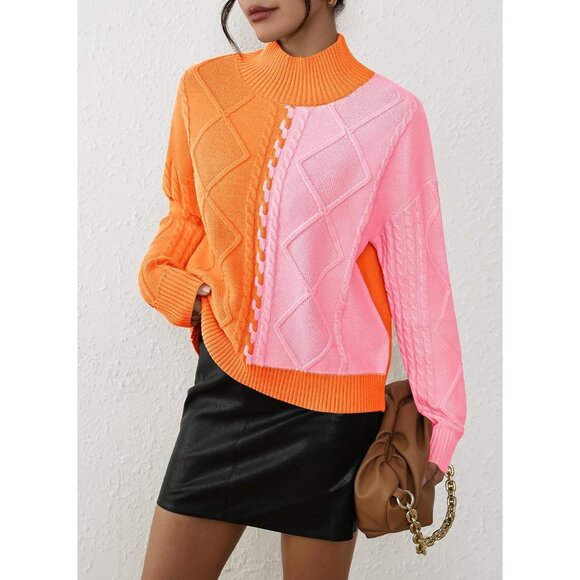 Women's Colorblock Cable Knit Jumper Long Sleeve Mock Neck Casual Top - Picture 4 of 8